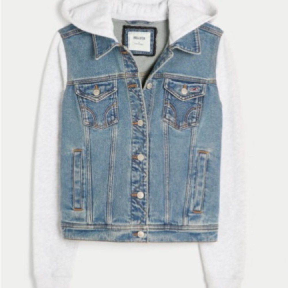 NEW WITH TAGS- Hollister Blue Denim Jacket with Light Gray Hooded Sleeves